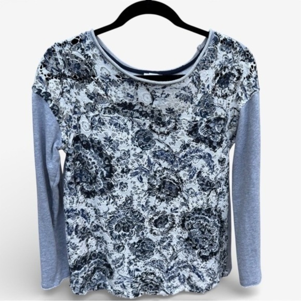 Sundance Womens Blue Floral Lace Mixed Media Long Sleeve Cotton Top Grey Small